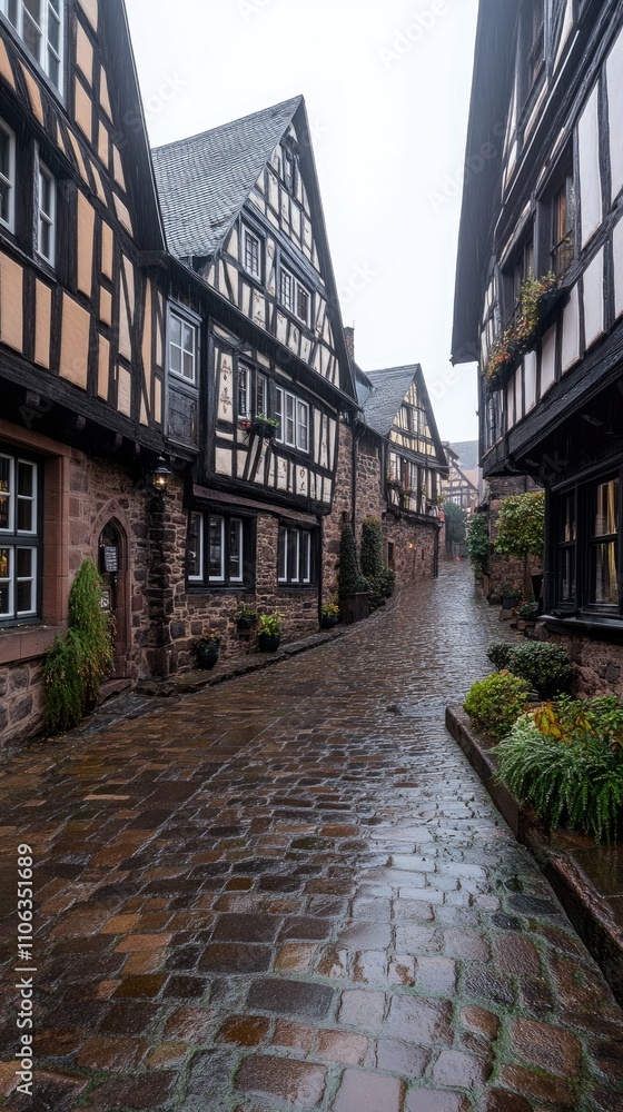 Fototapeta premium Early morning fog blankets a charming small town in the Black Forest, highlighting half-timbered houses and tranquil atmosphere