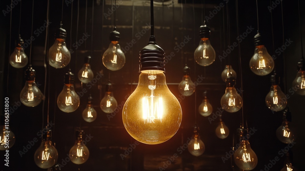 Suspended Glowing Bulb Among a Grid of Unlit Bulbs, A Single Glowing Light Bulb in a Sea of Shadows, different, creative idea Suspended Glowing Bulb Among a Grid of Unlit Bulbs, A Single Glowing Light Bulb in a Sea of Shadows, different, creative idea