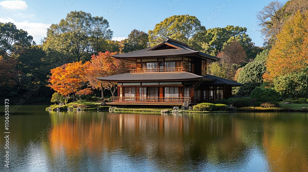 Fall foliage in a Japanese garden with a lake and a traditional house Fall foliage in a Japanese garden with a lake and a traditional house