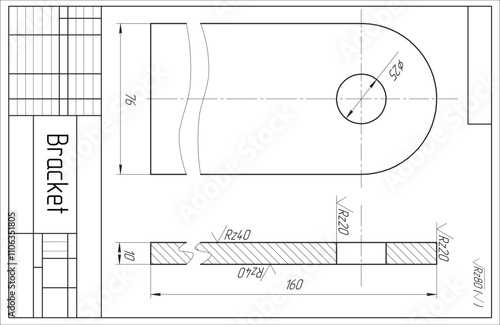 Vector mechanical part of machine - bracket.
Engineering assembly drawing of steel device
with dimension lines. Industrial technic 
cad scheme on white paper sheet. Machined tool.