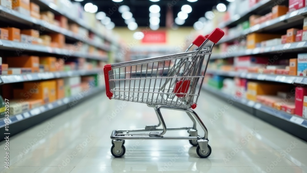 Empty shopping cart sits in the aisle of a brightly lit supermarket, with shelves of products blurred in the background. Concept of retail shopping and consumerism. Empty shopping cart sits in the aisle of a brightly lit supermarket, with shelves of products blurred in the background. Concept of retail shopping and consumerism.