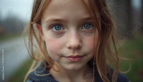 A young girl stands indoor in Russia, her striking grey-blue eyes gazing intently at the viewer. Natural light enhances her delicate features and long hair. Cute kid teenager schoolgirl. GenerativeAI