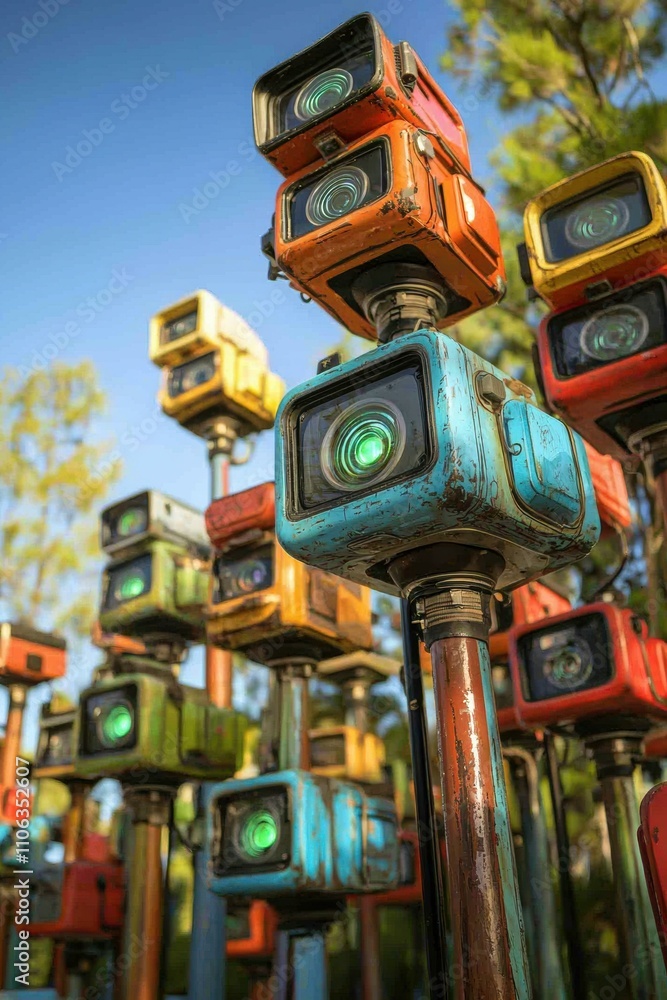 Colorful surveillance cameras on poles. AI. Colorful surveillance cameras on poles. AI.