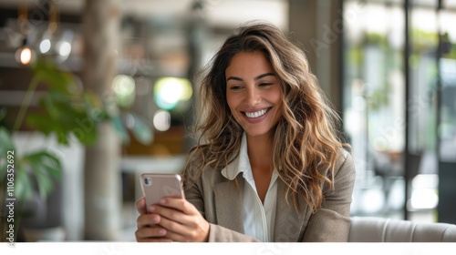 Wallpaper Mural Businesswoman in a bright office, Hispanic, engaging with her smartphone, dressed formally Torontodigital.ca