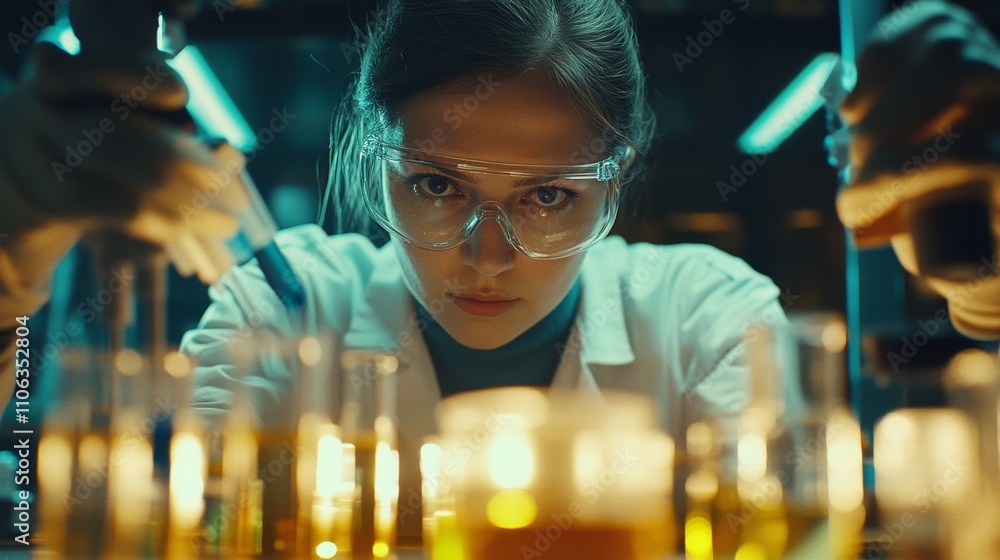 German female chemist conducting experiment in Berlin laboratory portrait German female chemist conducting experiment in Berlin laboratory portrait