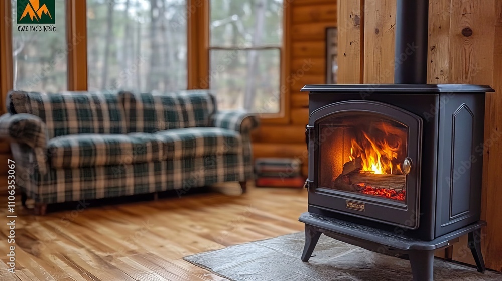 Cozy Living Room with Burning Fireplace, Plaid Couch, and Warm Wood Floors in Rustic Setting Cozy Living Room with Burning Fireplace, Plaid Couch, and Warm Wood Floors in Rustic Setting
