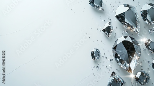 An array of black diamonds and rhinestones is elegantly displayed against a white background, highlighting their glossy surfaces and unique shapes photo