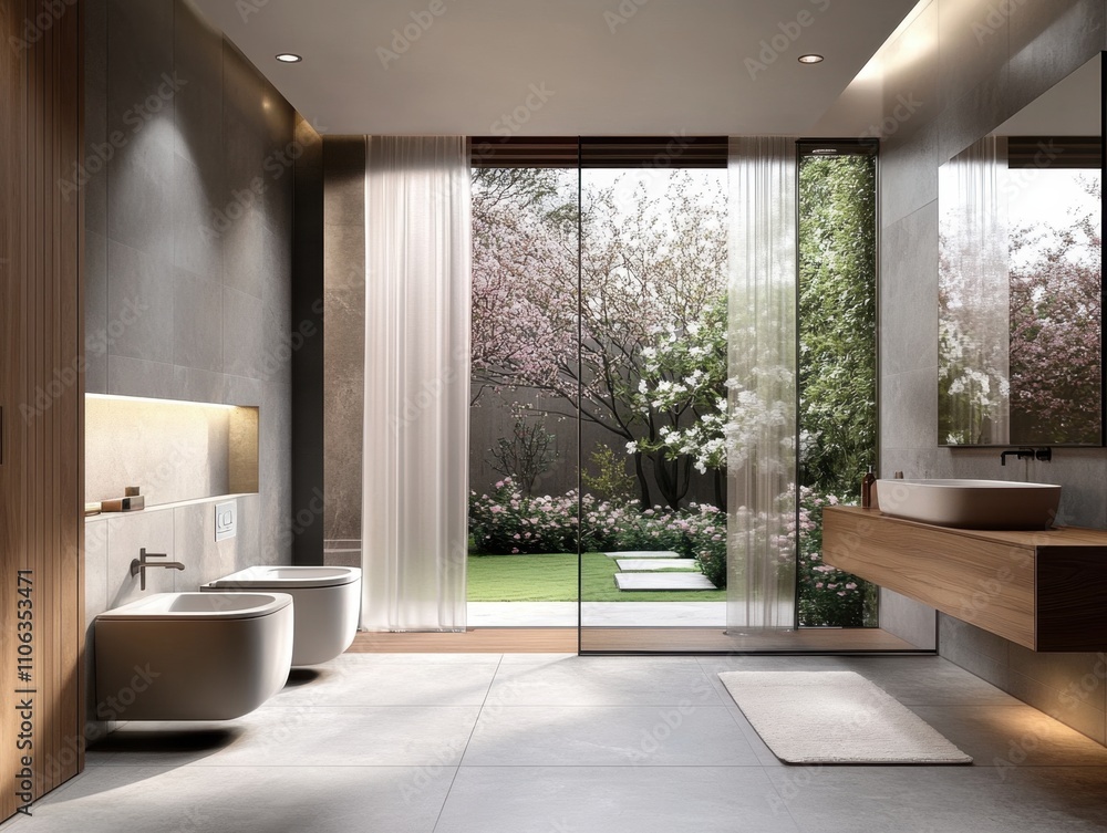 Fototapeta premium A bathroom with a large window and a sliding glass door. The bathroom has a sink and a toilet