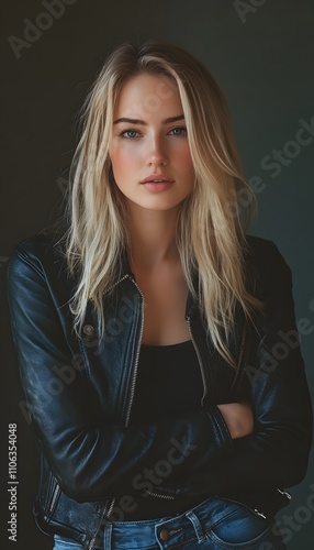 A woman with blonde hair and a leather jacket posing