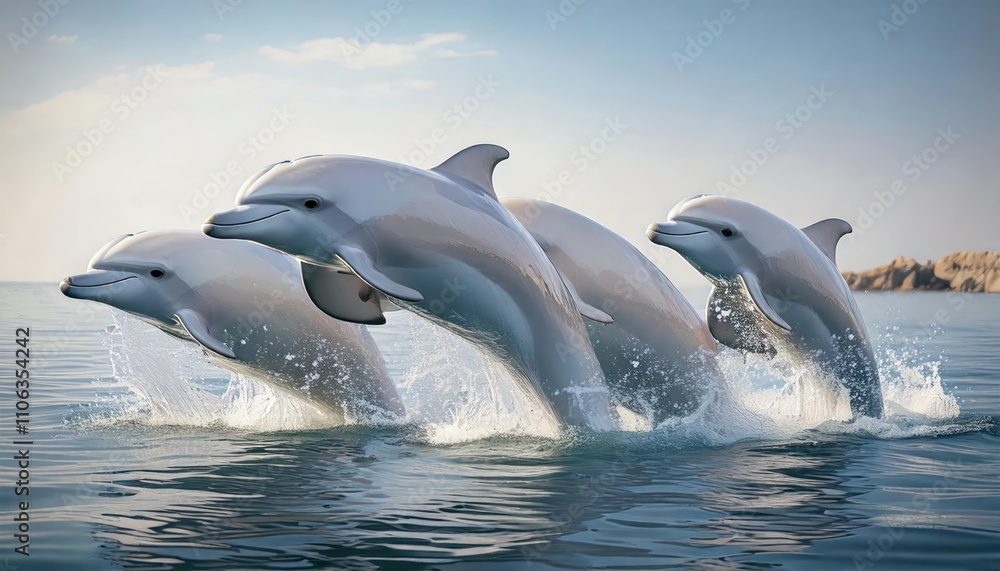 Naklejka premium Playful group of dolphins frolicking in crystal clear waters. 