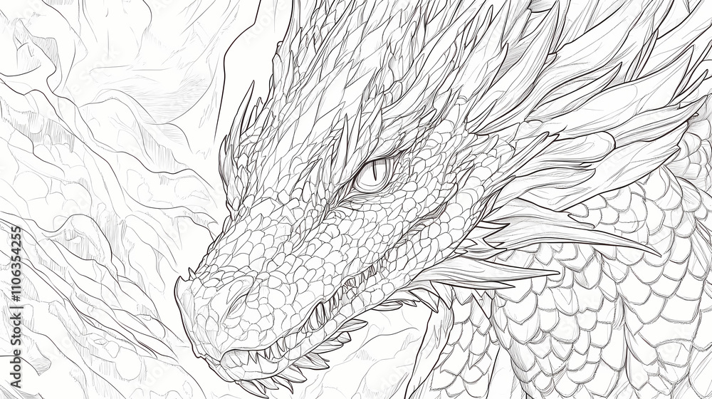 Fototapeta premium Dragon close-up coloring page. Draconic. Illustration