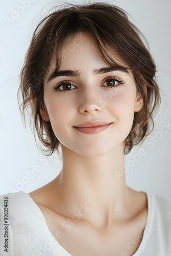 A woman with brown eyes and short brown hair is smiling on white background