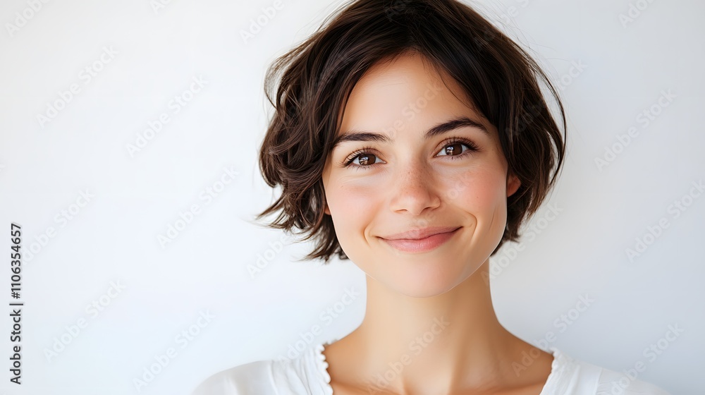 A woman with brown eyes and short brown hair is smiling on white background A woman with brown eyes and short brown hair is smiling on white background