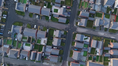 Top down aerial view of new build houses in the United Kingdom. Housing market. Suburban lifestyle.