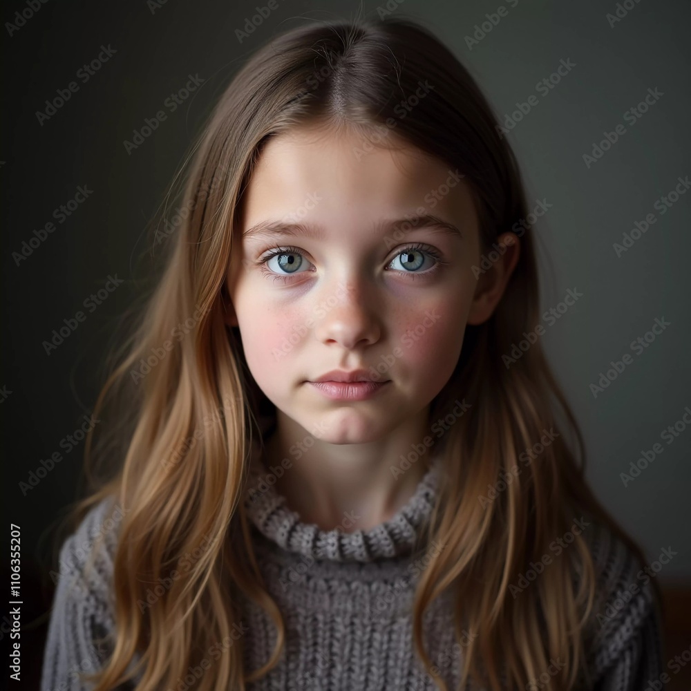 Fototapeta premium A young girl stands indoor in Russia, her striking grey-blue eyes gazing intently at the viewer. Natural light enhances her delicate features and long hair. Cute kid teenager schoolgirl. GenerativeAI