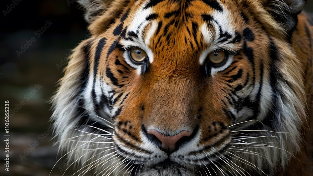 Tiger's Face showcasing powerful gaze, striking stripes, and majestic beauty in the heart of the wild.
Tiger's Face showcasing powerful gaze, striking stripes, and majestic beauty in the heart of the wild.