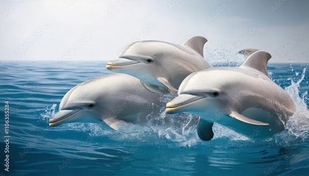 Naklejka premium Playful group of dolphins frolicking in crystal clear waters.