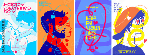 Bold Valentine's Day poster set featuring colorful couple portraits and dynamic heart motifs. Perfect for modern celebrations of love and creativity.