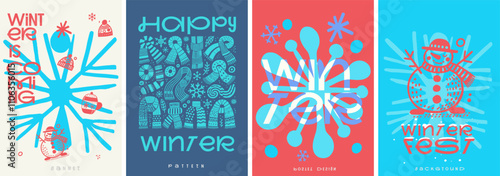 A lively winter poster set featuring snowflakes, scarves, snowmen, hats, and playful typography with vibrant colors, capturing the festive and cozy winter vibe.