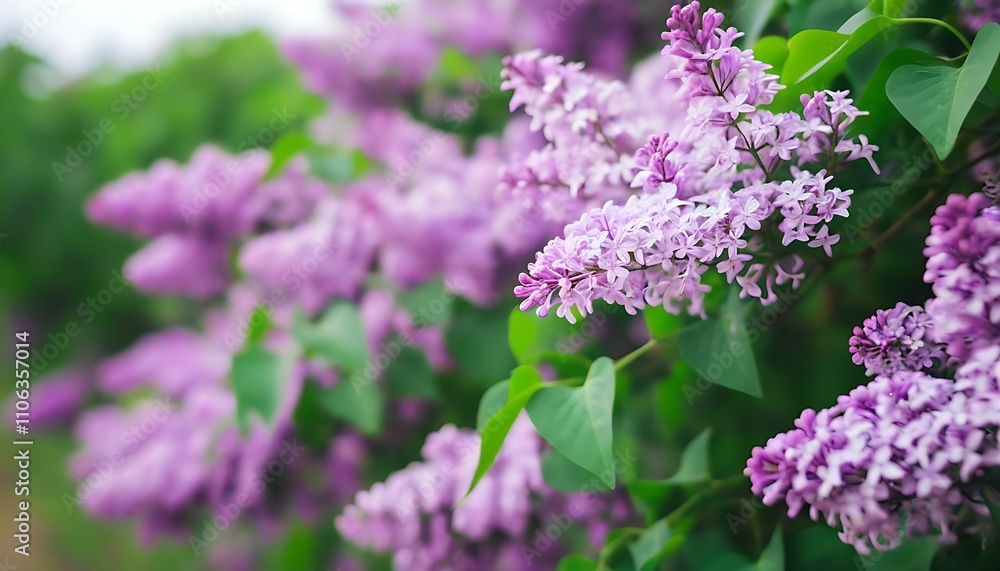 A serene outdoor spring scene with blooming lilacs. A serene outdoor spring scene with blooming lilacs.