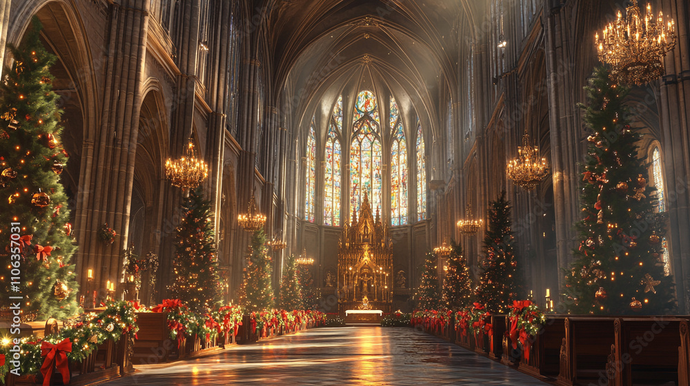 Fototapeta premium Festive Christmas Cathedral Interior Holiday Decor Trees Altar