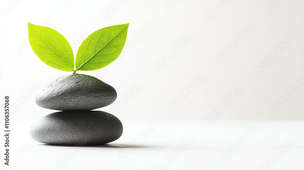 A serene composition featuring a stack of smooth stones supporting fresh green leaves, symbolizing balance and tranquility in nature, ideal for wellness and environmental themes. A serene composition featuring a stack of smooth stones supporting fresh green leaves, symbolizing balance and tranquility in nature, ideal for wellness and environmental themes.