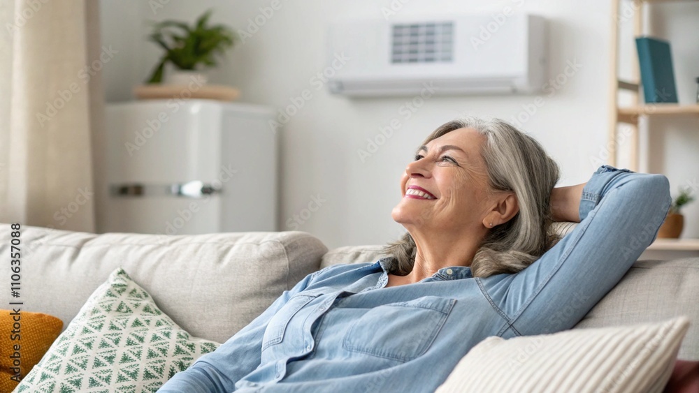 Cheerful aged woman resting on cozy couch with smile on her face, looking away feel happy, spending untroubled time at home, enjoy comfort and smart home climate control and silent domestic appliances Cheerful aged woman resting on cozy couch with smile on her face, looking away feel happy, spending untroubled time at home, enjoy comfort and smart home climate control and silent domestic appliances