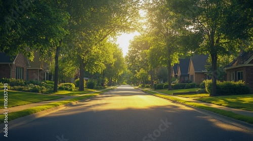 A serene neighborhood scene with a wide, empty road lined by lush trees and cozy houses under soft sunlight. suburban development concept.