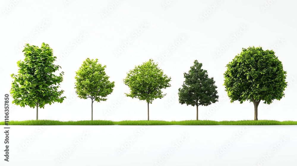 Obraz premium A series showcasing the growth stages of trees, illustrating their vibrant green leaves and varied sizes. Perfect for projects on nature, growth, and environmental themes.