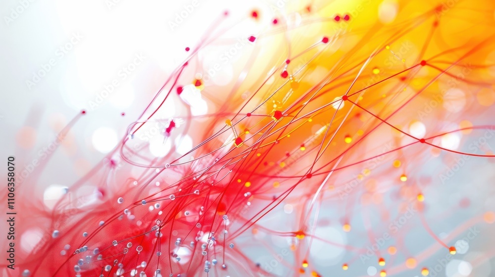 Obraz premium A complex web of vibrant wires illustrating internet connections. Red, orange, and yellow on a white background, with a shallow DOF to emphasize details
