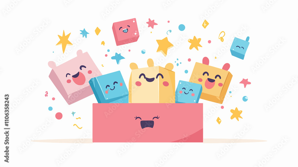 Cheerful Kawaii Cartoon Figure Surrounded by Happy Box Archive in Wide Angle View Cheerful Kawaii Cartoon Figure Surrounded by Happy Box Archive in Wide Angle View