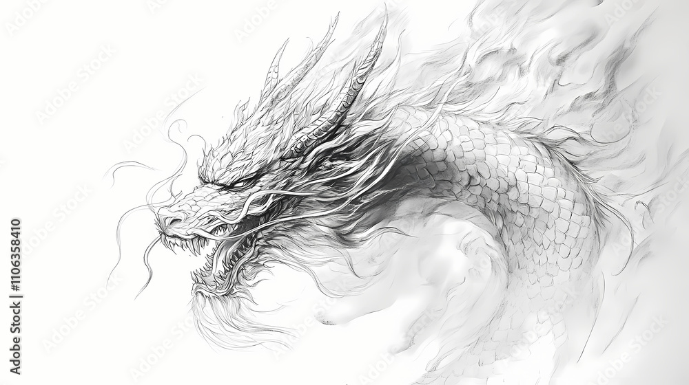 Fototapeta premium A whimsical pencil sketch of a majestic dragon's head, adorned with scales and fiery breathe, emerges from a blank paper background in bold strokes. Draconic. Illustration