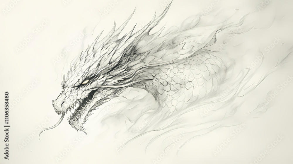 Obraz premium A whimsical pencil sketch of a majestic dragon's head, adorned with scales and fiery breathe, emerges from a blank paper background in bold strokes. Draconic. Illustration
