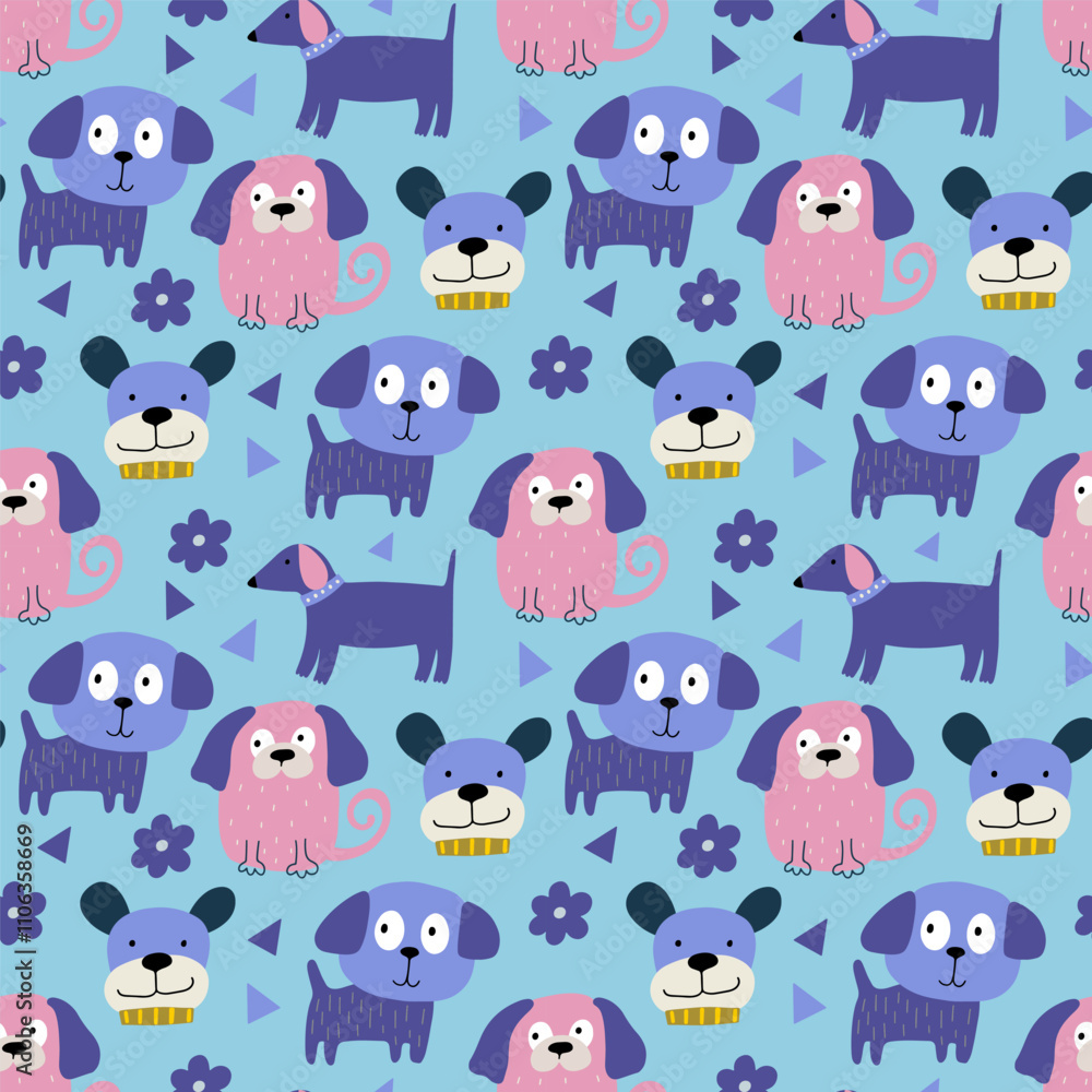 Fototapeta premium Dogs seamless pattern. Childish seamless pattern with funny creative dogs. Trendy scandinavian vector background. Perfect for kids apparel,fabric, textile, nursery decoration,wrapping paper