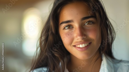 A close-up view of a woman's face with long hair, suitable for use in editorial or commercial contexts where a feminine touch is required