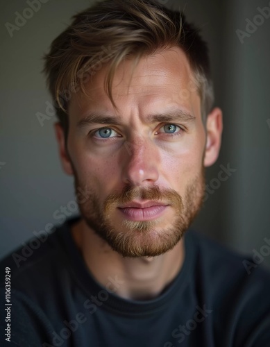 A young man from Russia gazes directly at the viewer with striking blue eyes. Tousled hair and relaxed expression. Introspection and tranquility. Portrait of a handsome man of 30 years. Generative AI