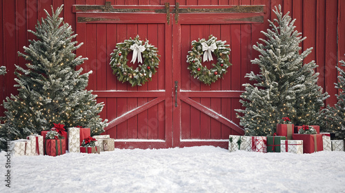 Rustic Christmas Barn Snowy Scene Decorated Trees Gifts