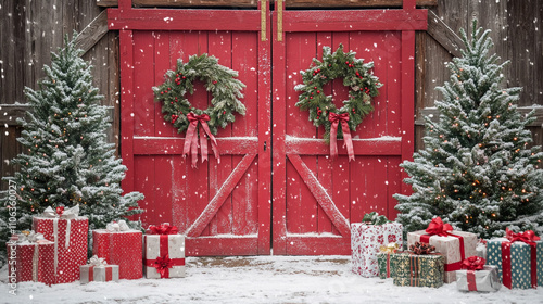 Snowy Christmas Barn Door Scene with Gifts Trees