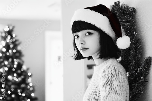 A woman clad in a Santa Claus hat proceeds past a house draped with garlands. photo