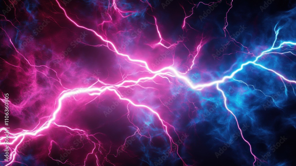 Intense neon blue and magenta lightning bolts streak across a dark, textured background, creating dynamic energy patterns surrounded by faint glowing halos and electric bursts Intense neon blue and magenta lightning bolts streak across a dark, textured background, creating dynamic energy patterns surrounded by faint glowing halos and electric bursts