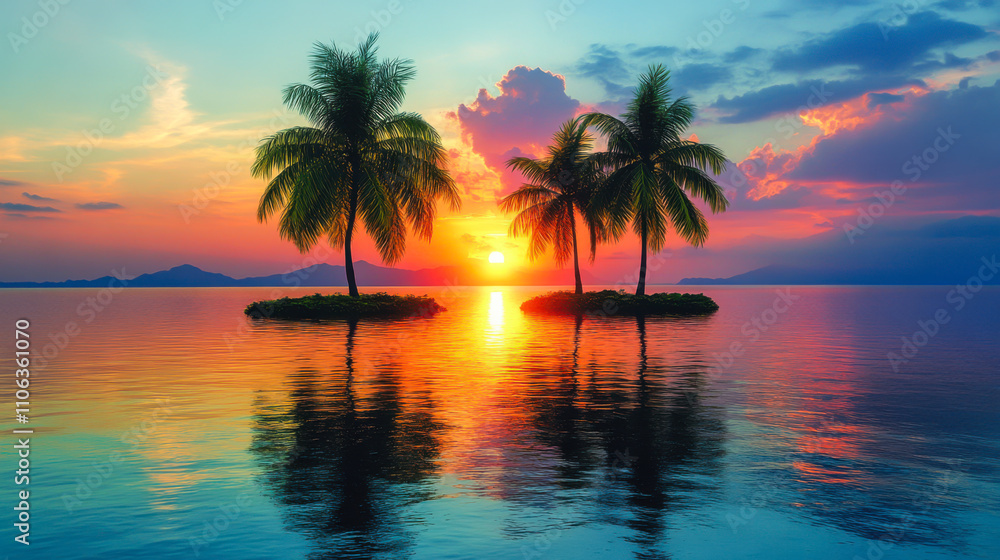 Sunset over a serene island with palm trees reflecting on calm waters in a tropical paradise Sunset over a serene island with palm trees reflecting on calm waters in a tropical paradise