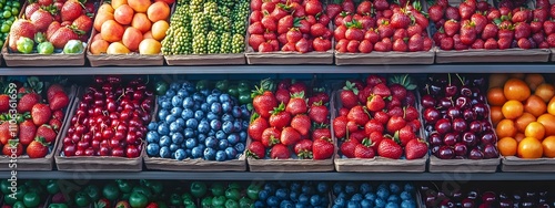 A vibrant display of fresh berries at an outdoor farmers' market, with strawberries, blueberries, and cherries neatly arranged in rows on boxes