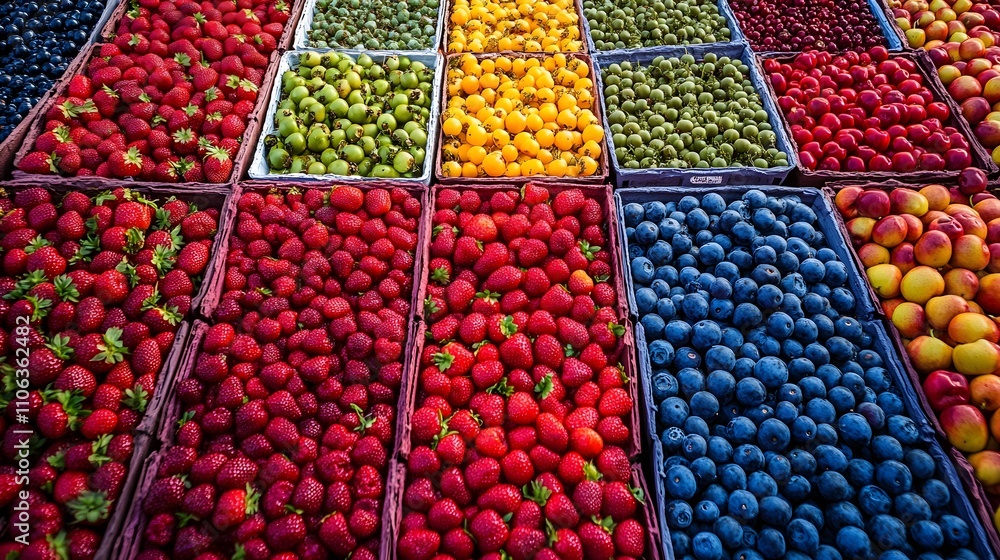 A vibrant display of fresh berries at an outdoor farmers' market, with strawberries, blueberries, and cherries neatly arranged in rows on boxes A vibrant display of fresh berries at an outdoor farmers' market, with strawberries, blueberries, and cherries neatly arranged in rows on boxes