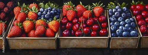 A vibrant display of fresh berries at an outdoor farmers' market, with strawberries, blueberries, and cherries neatly arranged in rows on boxes
