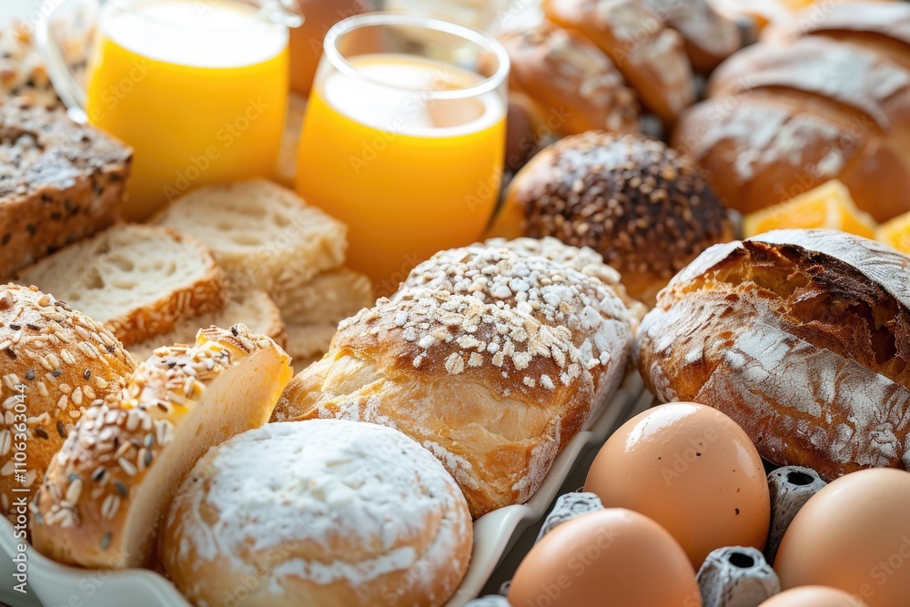 A breakfast tray filled with bread, eggs, and orange juice A breakfast tray filled with bread, eggs, and orange juice