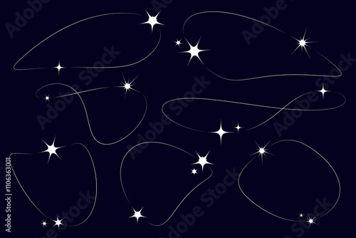 Set White Stars, Lines aesthetic y2k on dark background. Shining. Collection Abstract shape. Glitter, Sparks with outline Chalk drawn. Glimmer of magic, sorcery. Glare and lines. Vector illustration