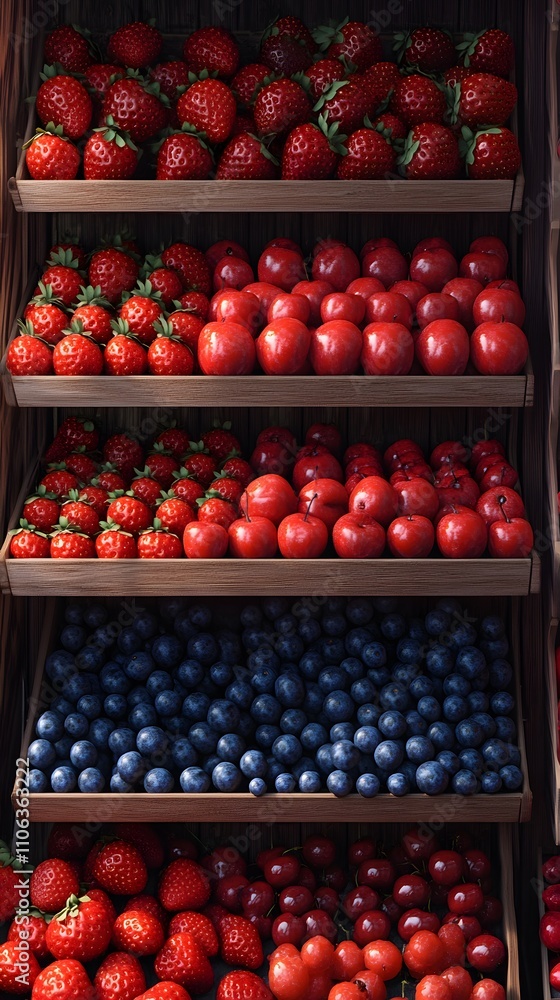 A vibrant display of fresh berries at an outdoor farmers' market, with strawberries, blueberries, and cherries neatly arranged in rows on boxes A vibrant display of fresh berries at an outdoor farmers' market, with strawberries, blueberries, and cherries neatly arranged in rows on boxes