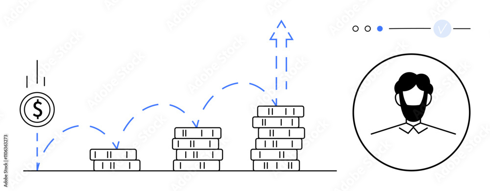 Obraz premium Coin bouncing on upward trajectory above increasing stacks of coins near businessman portrait. Ideal for finance, investment, growth, success, wealth, progress, business. Line metaphor