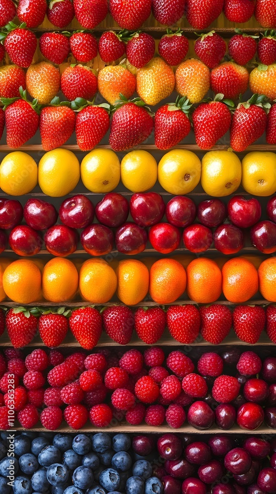 A vibrant display of fresh berries at an outdoor farmers' market, with strawberries, blueberries, and cherries neatly arranged in rows on boxes A vibrant display of fresh berries at an outdoor farmers' market, with strawberries, blueberries, and cherries neatly arranged in rows on boxes