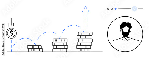 Coin bouncing on upward trajectory above increasing stacks of coins near businessman portrait. Ideal for finance, investment, growth, success, wealth, progress, business. Line metaphor